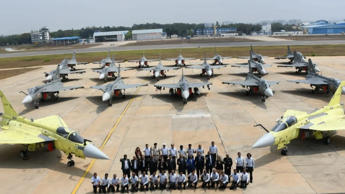 HAL Displays 18 Tejas Mk1A Jets Highlighting Dual ASRAAM Pylons and EW Suits, But Some Still Awaiting Critical F404 Engine Fitment