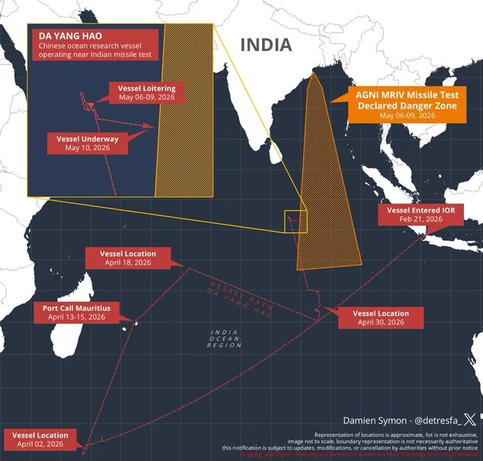 Chinese Research Vessel Da Yang Hao Spotted Loitering Near Agni MIRV Test Zone for Potential Intelligence Gathering