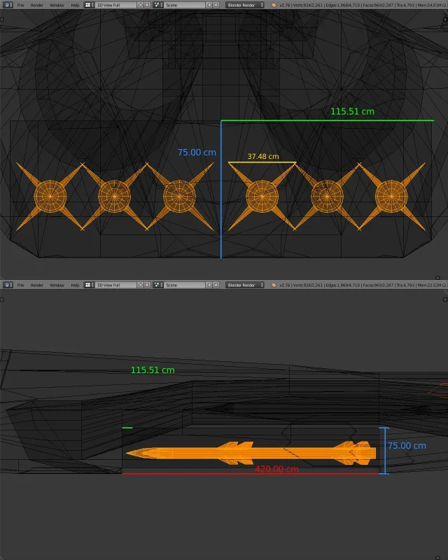 AMCA Blender, 1 sep'26, 6x staggered Astr-2 short-fin AAMs in IWB, Edit mode,Wireframe view, ...webp