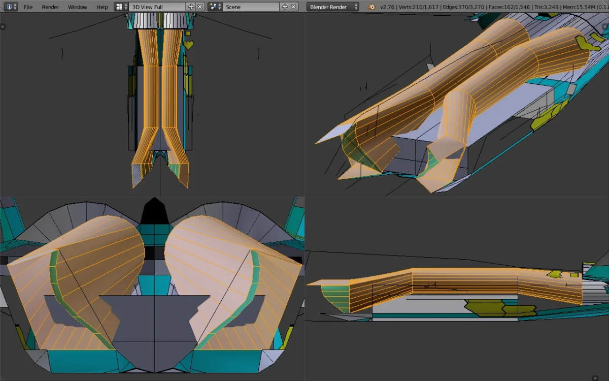 AMCA Blender, 24 aug'26, theoretical straight sections S-duct, quad view, Edit mode, Solid vi...webp