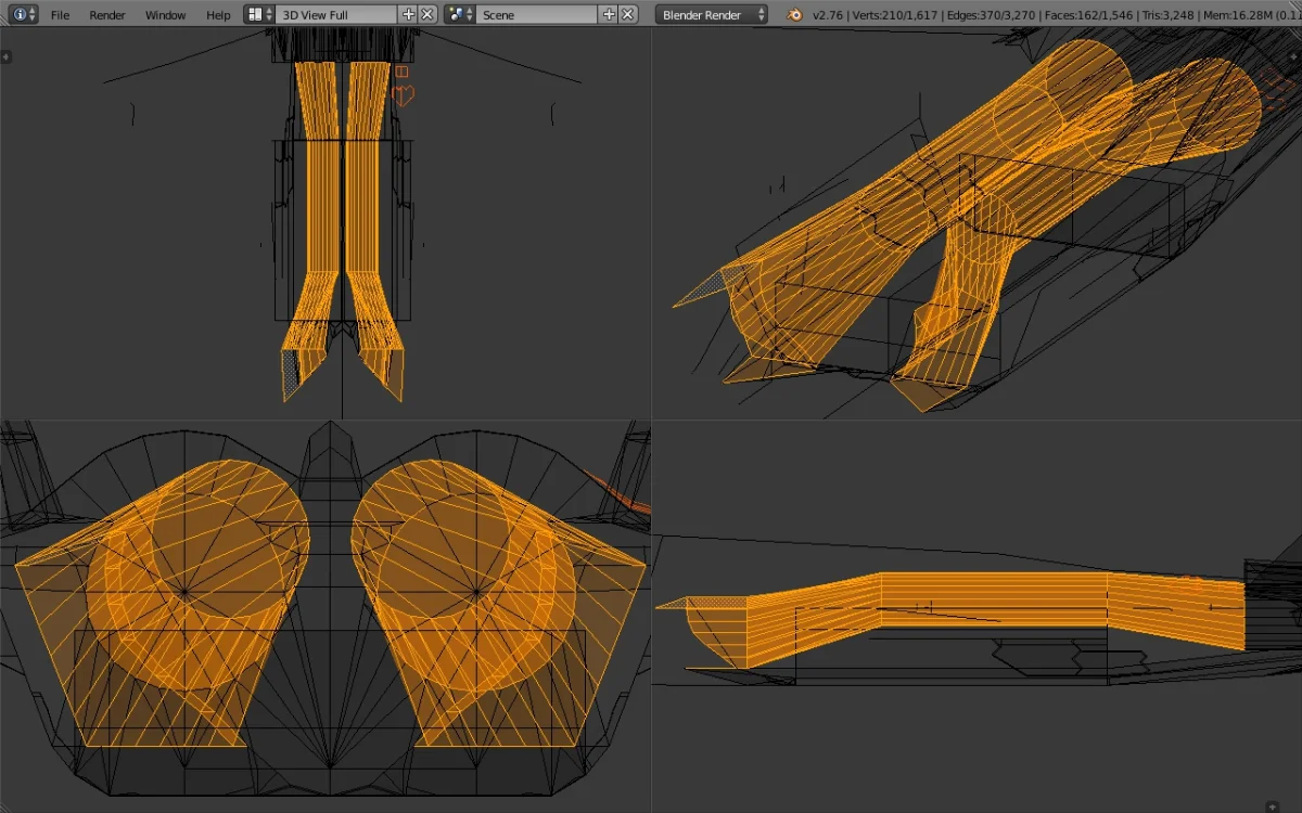 AMCA Blender, 24 aug'26, theoretical straight sections S-duct, quad view, Edit mode, wirefram...webp