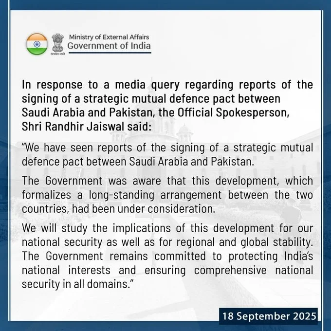 India Reacts to Saudi-Pakistan Defense Pact, Vows to Safeguard National Security