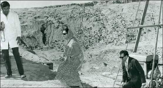 Prime Minister Indira Gandhi at Pokhran after the first nuclear test (Operation Smiling Buddha) by India in 1974